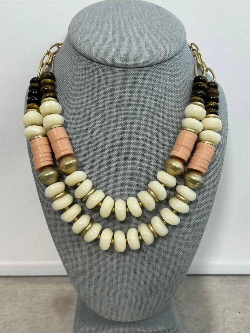 Banana Republic Cream, Peach & Tigers Eye Stone Double Strand Beaded Necklace